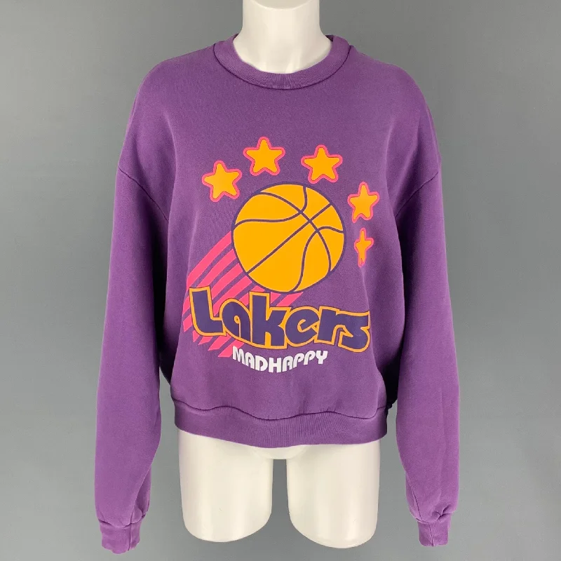 MADHAPPY Size XS Purple Yellow Cotton Crew-Neck Pullover Blouson Sleeve Pullover