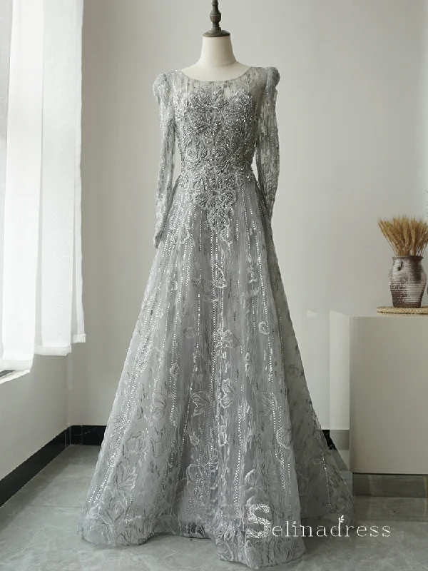 A-line Long Sleeve Gray Luxury Embroidery Long Prom Dress Beaded Evening Gowns ASB018 A-line Long Sleeve Gray Luxury Embroidery Long Prom Dress Beaded Evening Gowns ASB018