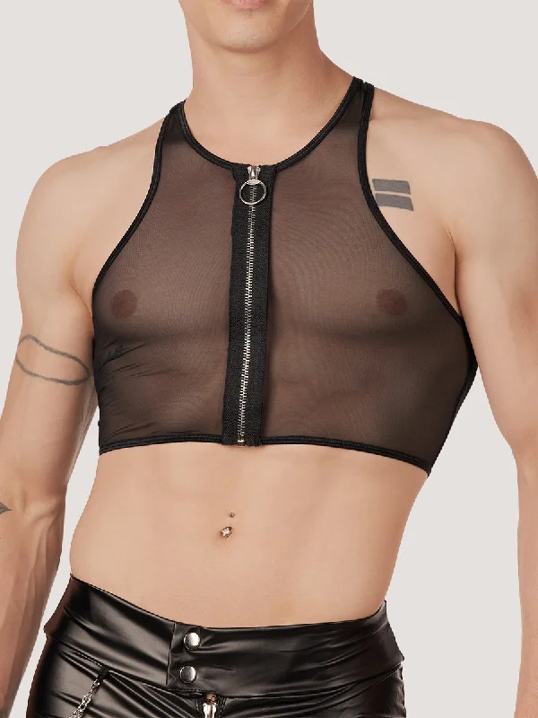 Mesh Zip Crop Top Real Fur Shearling Chenille