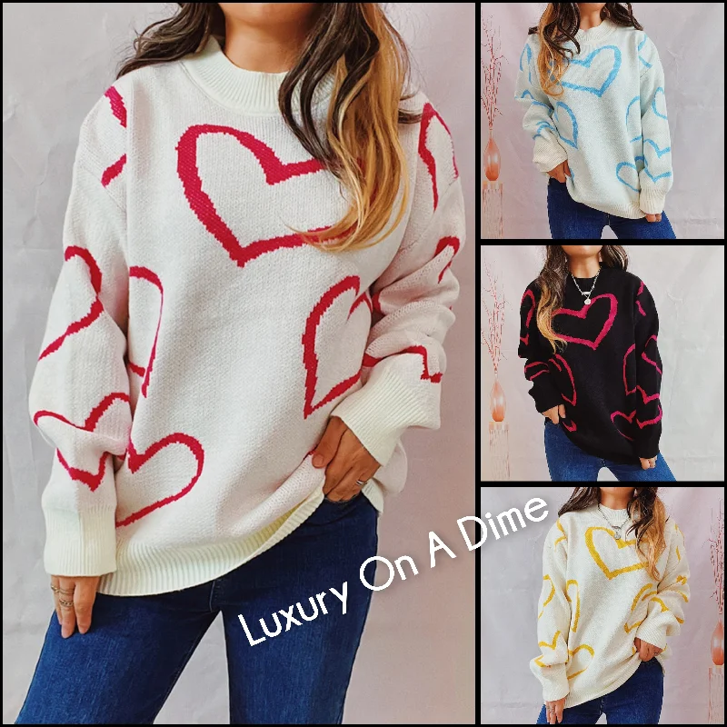 Knit Heart Color Contrasting Classic Long Sleeve Round Neck Pullover Sweater Top Slit Sleeve Stylish