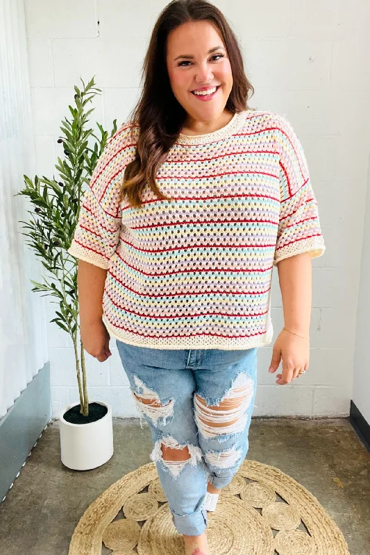 Stand Out Oatmeal & Lavender Stripe Netted Crochet Sweater Top Wool Sweater Cotton Sweater Cashmere Sweater