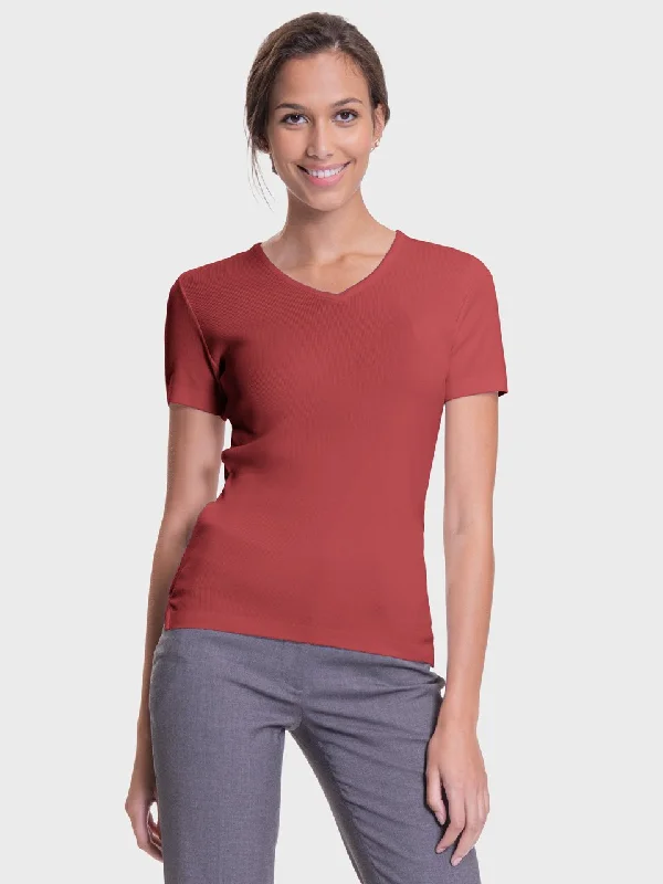 Ladies' V-Neck Shell Sweater - Sunset Red Knit Fabric Woven Fabric Fleece Fabric