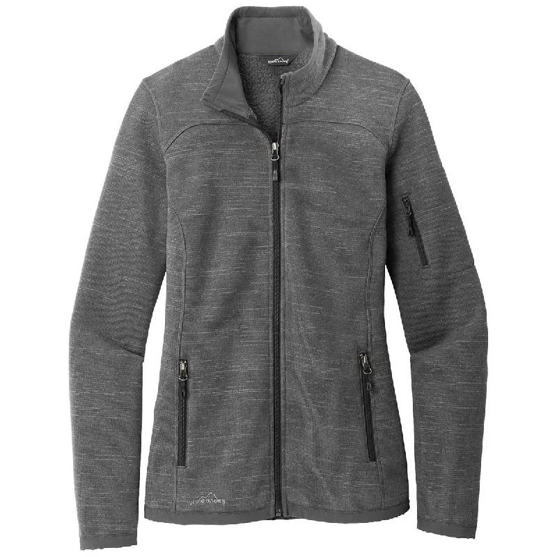 Eddie Bauer Women's Dark Grey Heather Sweater Fleece Full Zip Houndstooth Herringbone Solid