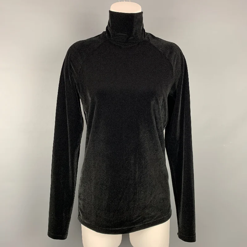 HAIDER ACKERMANN Size L Black Velvet Polyester Turtleneck Pullover Peter Pan Collar