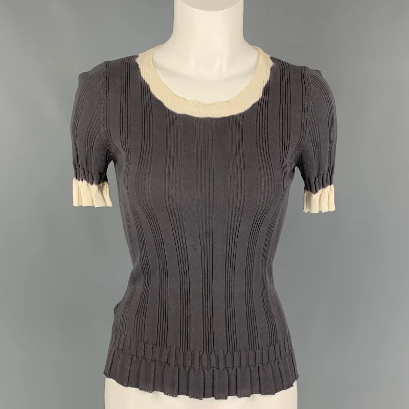 PRADA Size 4 Grey Cream Cotton Ribbed Short Sleeve Pullover Ruffled Neck Pullover