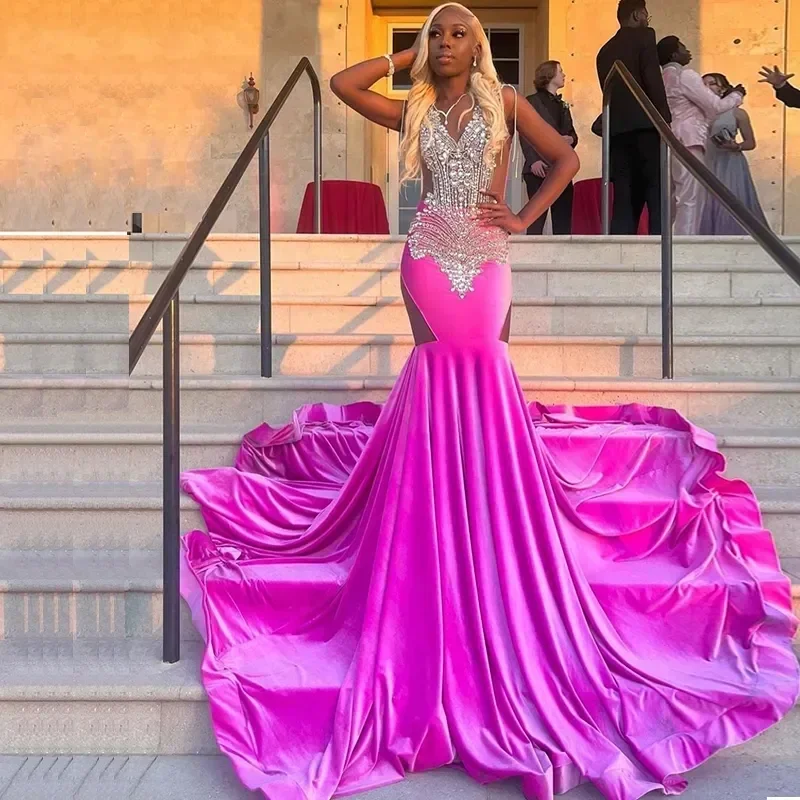 Rose Velvet Mermaid Prom Dresses 2024 For African Women Crystals Beads Black Girls Long Aso Ebi Plus Size Evening Occasion Gowns Rose Velvet Mermaid Prom Dresses 2024 For African Women Crystals Beads Black Girls Long Aso Ebi Plus Size Evening Occasion Gowns