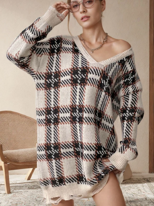 Distressed Plaid V-Neck Long Sleeve Sweater Dress Embroidered Appliqued Beaded