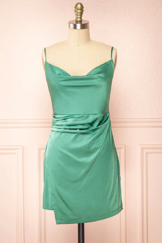 Enya Green | Short Satin Dress w/ Cowl Neck