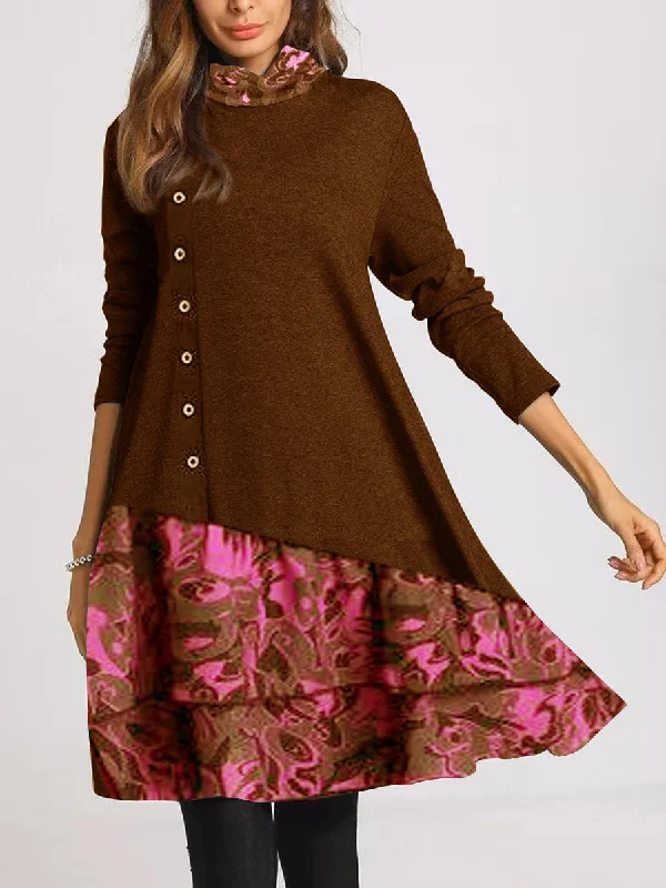 High Neck Stitching Long Sleeve Loose Button Casual Dress