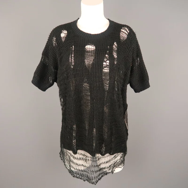 JUNYA WATANABE Size M Black Distressed Knit Short Sleeve Pullover Cap Sleeve Casual