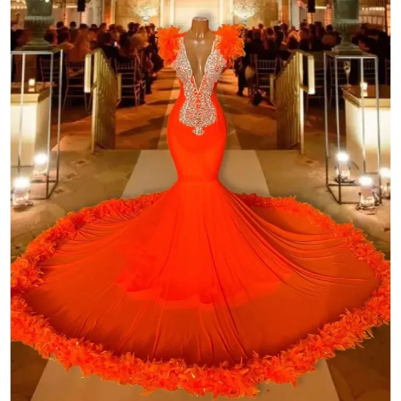 Luxury Orange Mermaid Prom Dresses 2024 For Black Girls Feathers Bottom Beading Crystal Deep V Neck Evening Party Gowns Birthday Luxury Orange Mermaid Prom Dresses 2024 For Black Girls Feathers Bottom Beading Crystal Deep V Neck Evening Party Gowns Birthday
