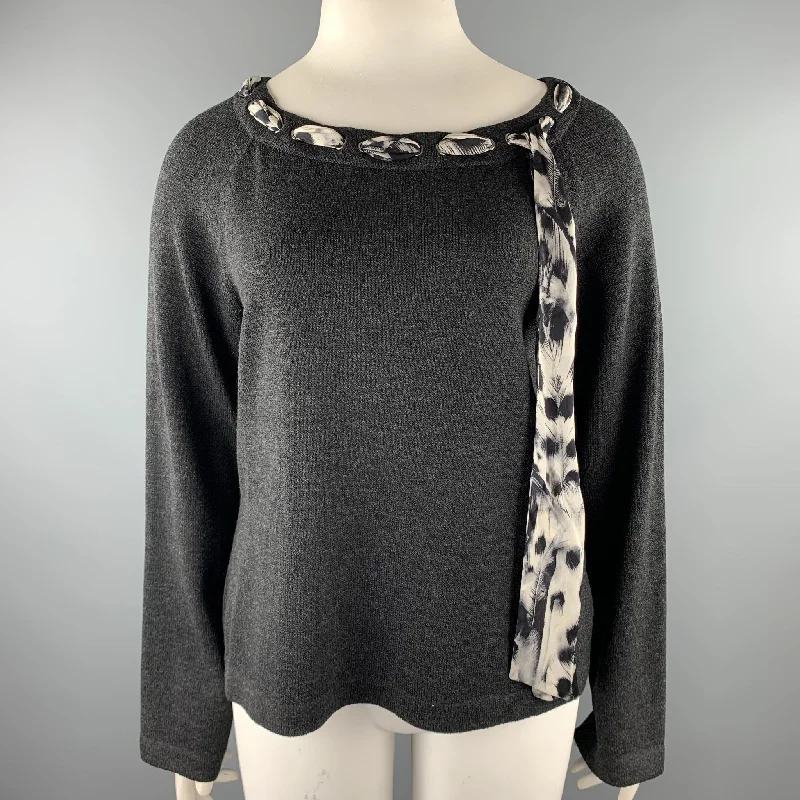 ST. JOHN Size L Grey Knitted Heather Boat Neck Pullover Seamless Knit Pullover