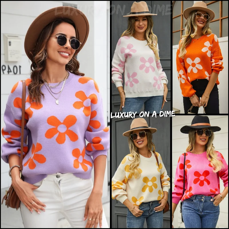Flower Power Retro Floral Knit Round Neck Long Sleeve Oversized Pullover Sweater dolman Sleeve Top