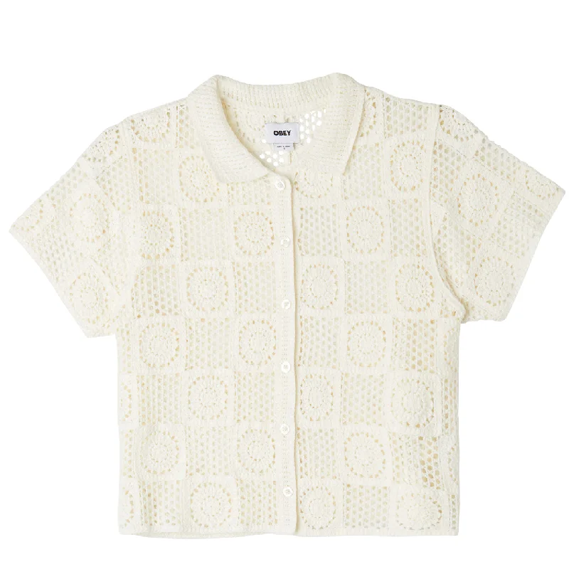 Obey Womens Agatha Crotchet Knit Sweater Unbleached Fitted Slim Tailored