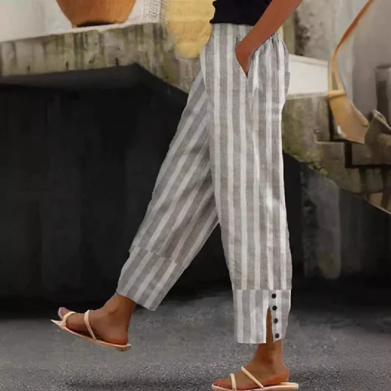 Women's Casual Striped Trousers With Decorative Buttons Trousers luxurious premium