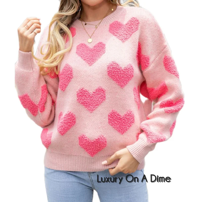 Fuzzy Knit Heart Valentine's Classic Round Neck Pullover Long Sleeve Sweater Ruffled Neck Pullover