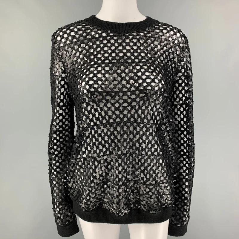 TORY BURCH Size XS Black Merino Wool Sequined Crew-Neck Pullover Keyhole Neck Pullover