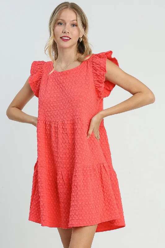 Umgee Tiered A- Line Textured Jacquard Print Dress in Coral