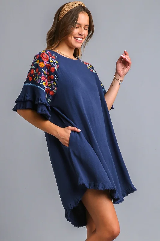 Umgee Embroidery High Low Hem Dress in Navy