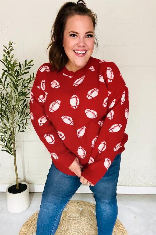Game Day Red Football Print Jacquard Knit Sweater Print Jacquard Patchwork