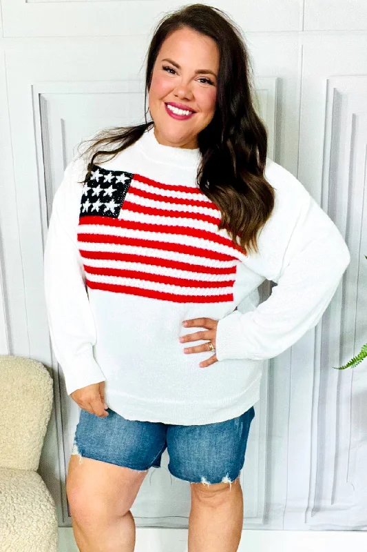 American Flag White Crochet Oversized Knit Sweater Oversized Loose Flowy