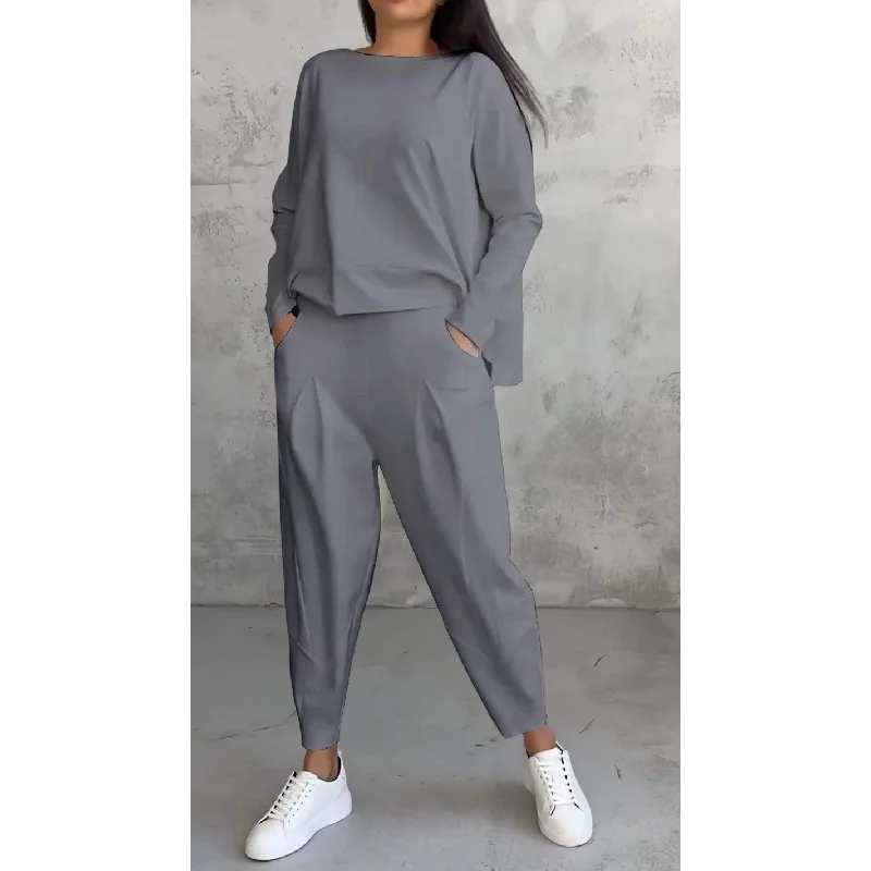 ae710-Women's solid color round neck long sleeve trousers suit Trousers fashionable trendy