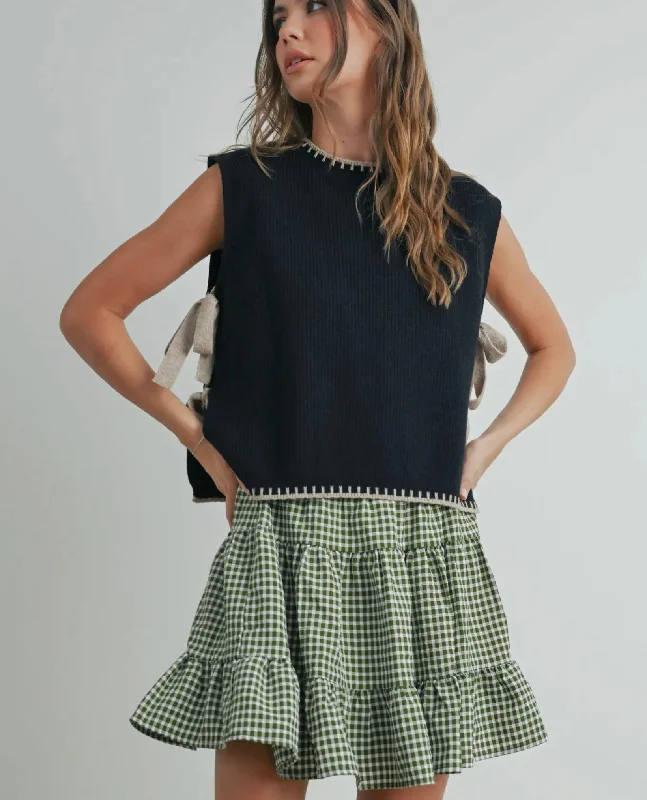 Black Sweater with Taupe Bows Herringbone Houndstooth Plaid