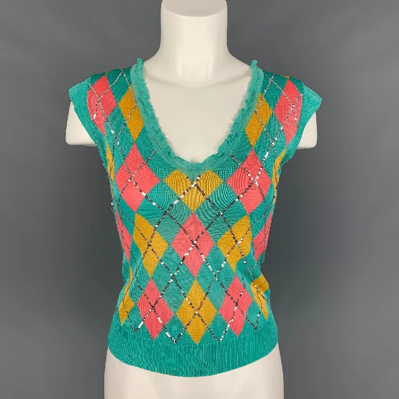 Iisli Size S Turquoise, Yellow & Orange Argyle Rayon Sleeveless Pullover High Neck Pullover