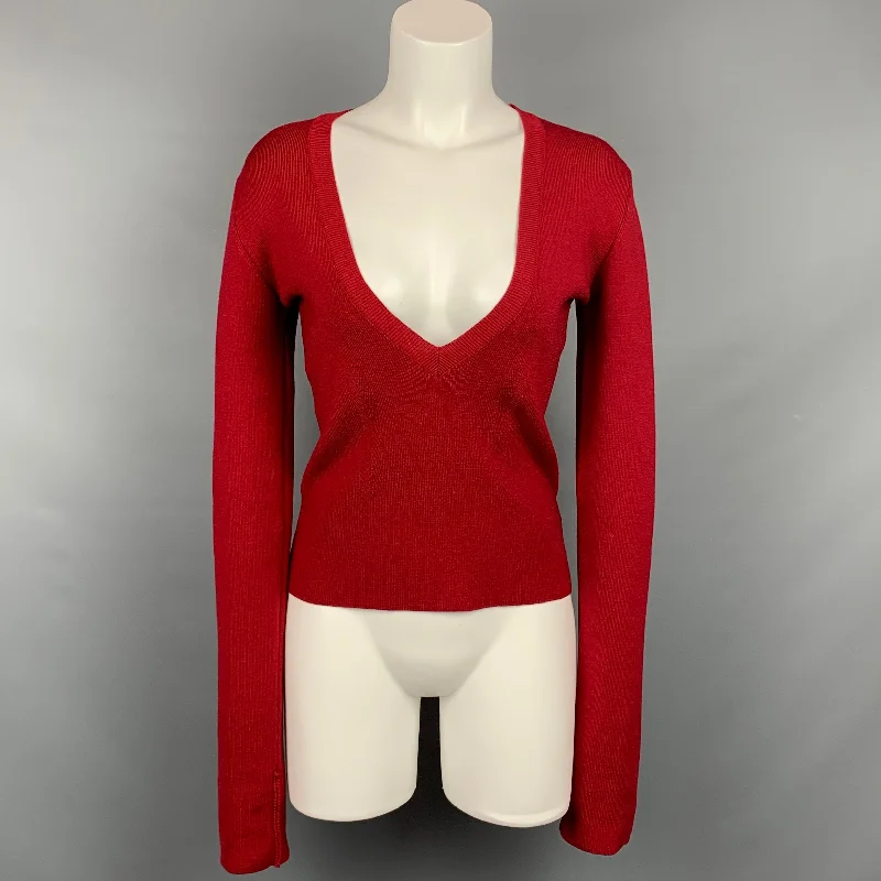 DSQUARED2 Size M Red Ribbed Wool Deep V-neck Pullover Halter Neck Top