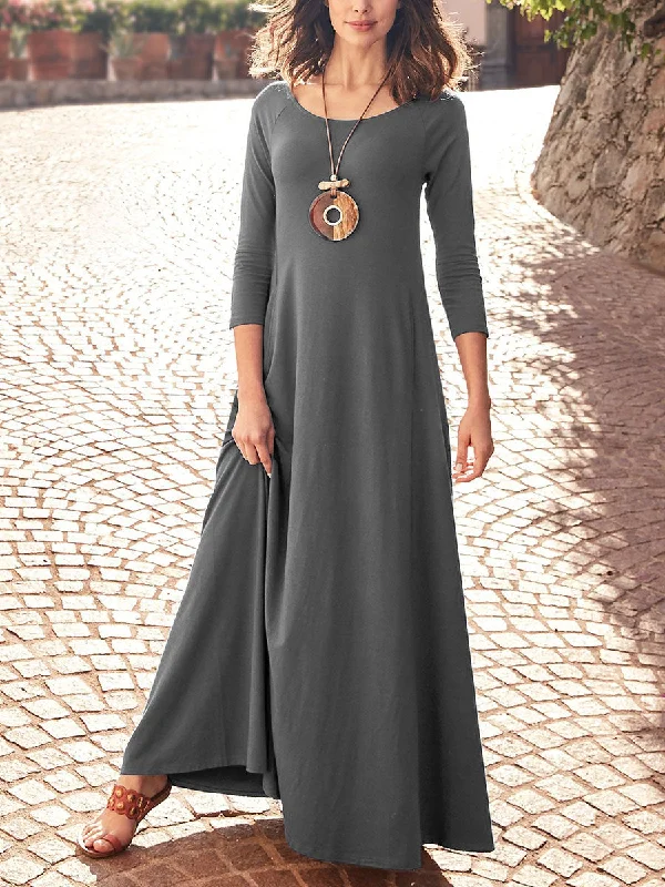 Long Sleeve Round Neck Slim Casual Long Dress with Pockets