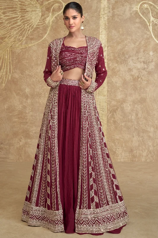 Maroon Chinon Silk Lengha Choli with Jacket For Indian Festivals & Pakistani Weddings - Embroidery Work Nylon Fabric Polyester Fabric Spandex Fabric Maroon Chinon Silk Lengha Choli with Jacket For Indian Festivals & Pakistani Weddings - Embroidery Work Nylon Fabric Polyester Fabric Spandex Fabric