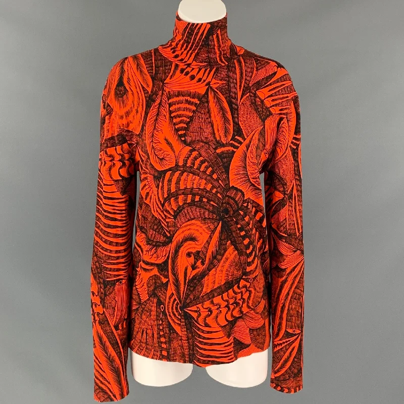 DRIES VAN NOTEN FW 18 Size L Orange / Black Print Viscose Turtleneck Pullover Honey Neck Pullover