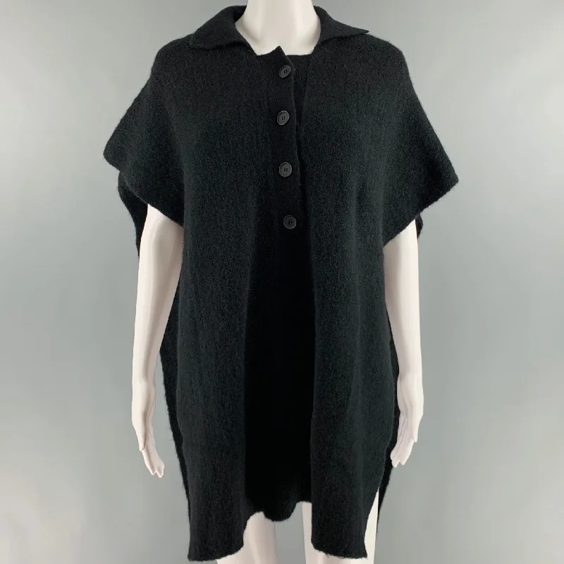 RUS Size S Black Merino Wool Button Down Poncho Pullover Seamless Knit Pullover