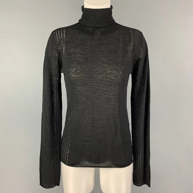 SPORTMAX Size L Black Wool Textured Turtleneck Pullover Lantern Sleeve Elegant