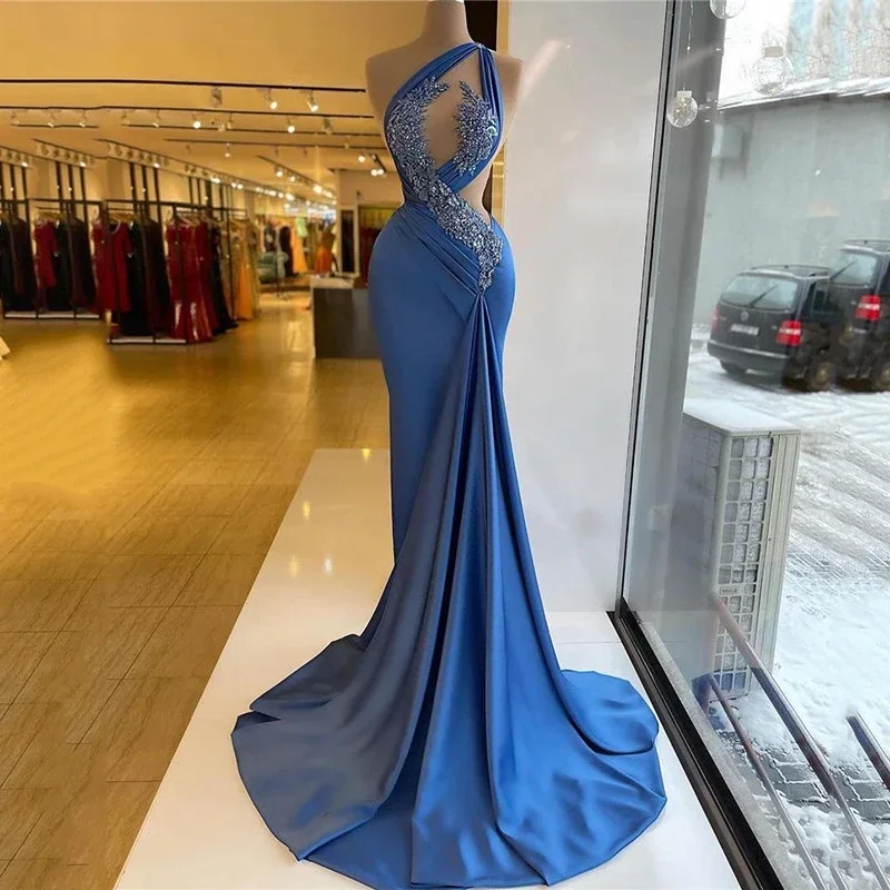 Sexy Luxury Deep Blue One Shoulder Sleeved Mermaid Evening Dresses Satin Decal Beaded Waist Prom Dresses For Women فساتين السهرة Sexy Luxury Deep Blue One Shoulder Sleeved Mermaid Evening Dresses Satin Decal Beaded Waist Prom Dresses For Women فساتين السهرة