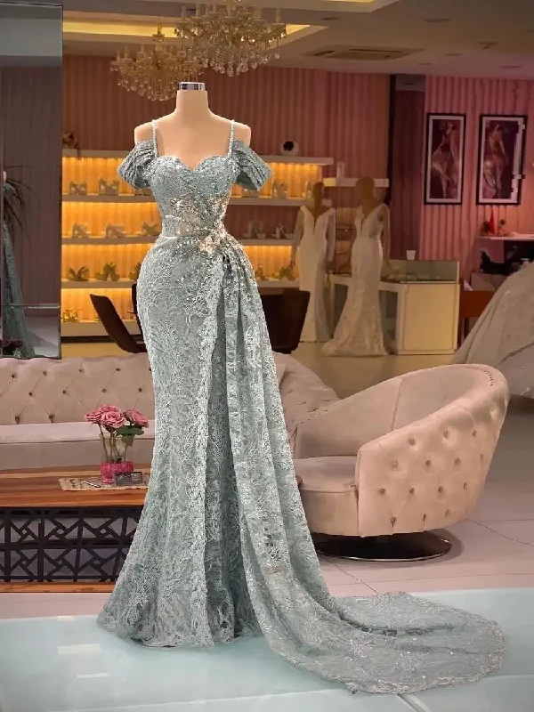Elegant Blue Lace Mermaid Prom Dresses Spaghetti Strap Sweetheart Appliques Dubai Arab Long Train Formal Evening Party Gown Elegant Blue Lace Mermaid Prom Dresses Spaghetti Strap Sweetheart Appliques Dubai Arab Long Train Formal Evening Party Gown