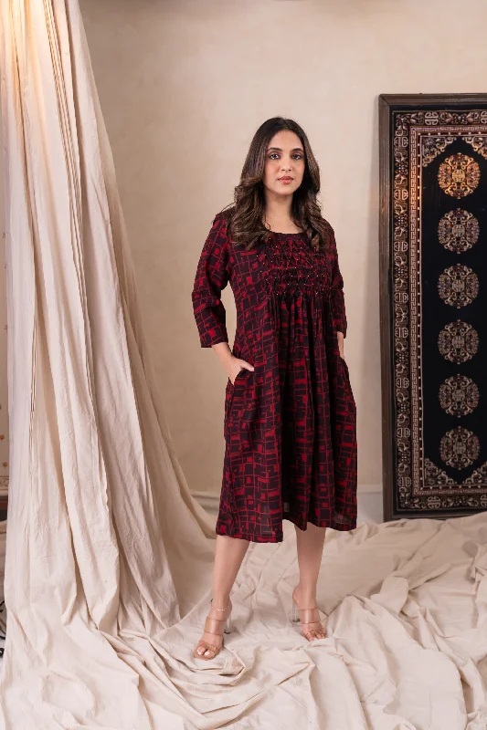Aakruti Red Dabu Cotton Dress | Ray-ethnic
