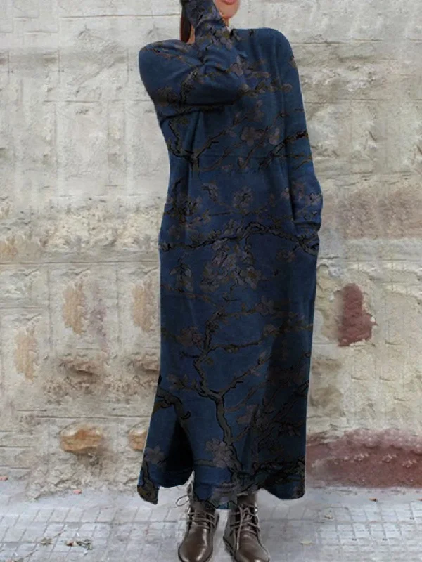 Long Sleeve Printed Hem Split Casual Dress