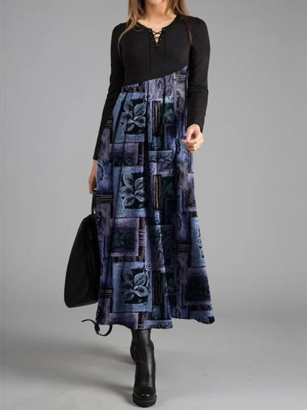 Warm Flower Print Stitching Long Sleeve Casual Dress