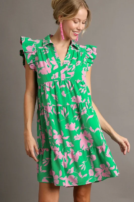 Umgee Floral Print Collar Tiered Dress in Green Mix