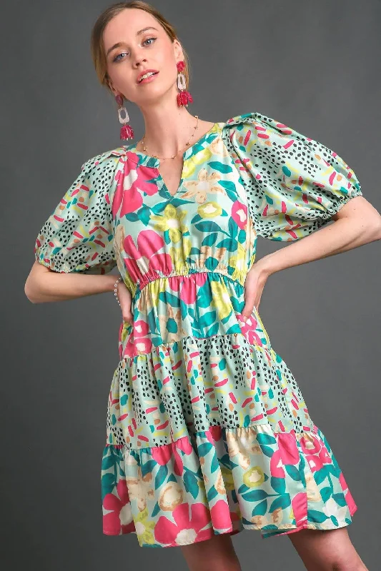 Umgee Floral Mixed Print Dress in Mint Mix