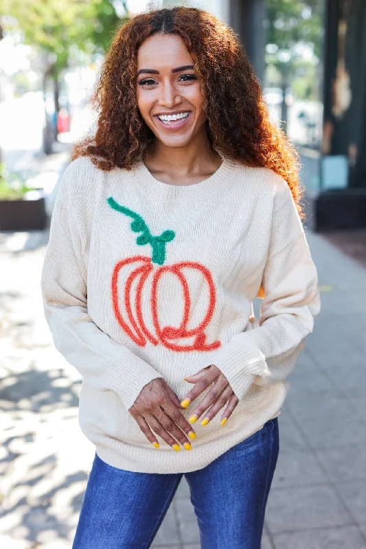 Taupe Embroidered Pumpkin Oversized Sweater Solid Print Embellished