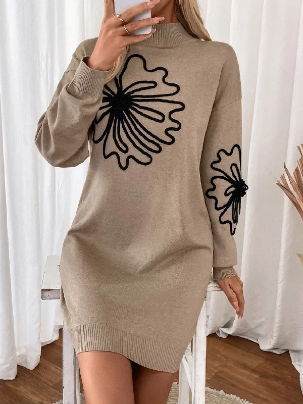 Blue Zone Planet | Perfee Flower Mock Neck Long Sleeve Sweater Dress Knit Fabric Woven Fabric Fleece Fabric Blue Zone Planet | Perfee Flower Mock Neck Long Sleeve Sweater Dress Knit Fabric Woven Fabric Fleece Fabric