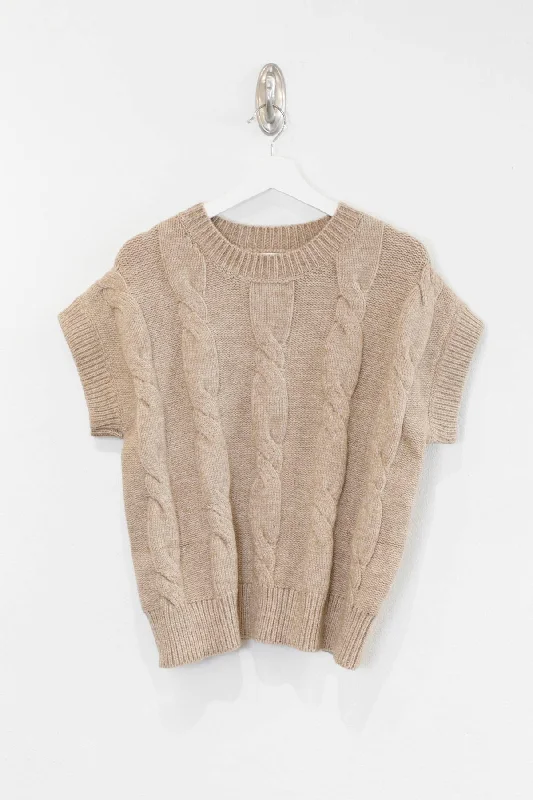 Latte Cable Knit Short Sleeve Sweater Embroidered Appliqued Beaded