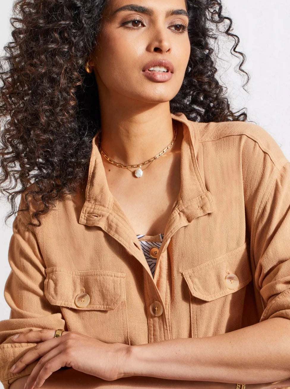 Crop Jacket W Pockets [Caramel-6889O] Striped Jacket Polka Dot Jacket Floral Jacket