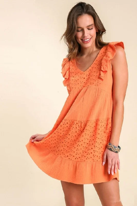 Umgee Eyelet Contrast Dress in Tangerine
