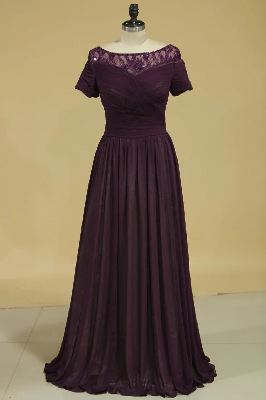 New Arrival Short Sleeves Prom Dress Chiffon With Beads And Ruffles A Line Floor Length
