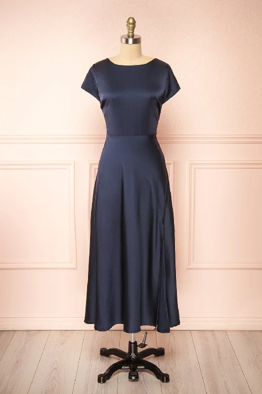 Elyrina Navy | Midi Satin Dress w/ Back Opening