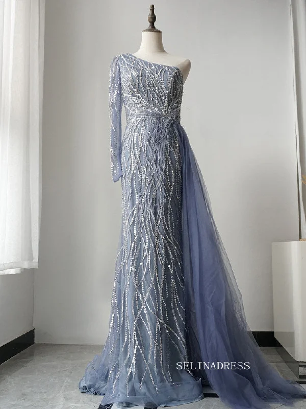 Luxury One Shoulder Elegant Long Sleeve Prom Dress Sparkly Beaded Long Evening Dress Formal Gown FUE012 Luxury One Shoulder Elegant Long Sleeve Prom Dress Sparkly Beaded Long Evening Dress Formal Gown FUE012