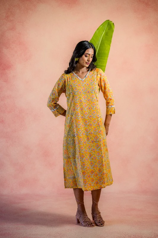 Indian Summer Yellow Printed Cotton Dress | Ray-ethnic